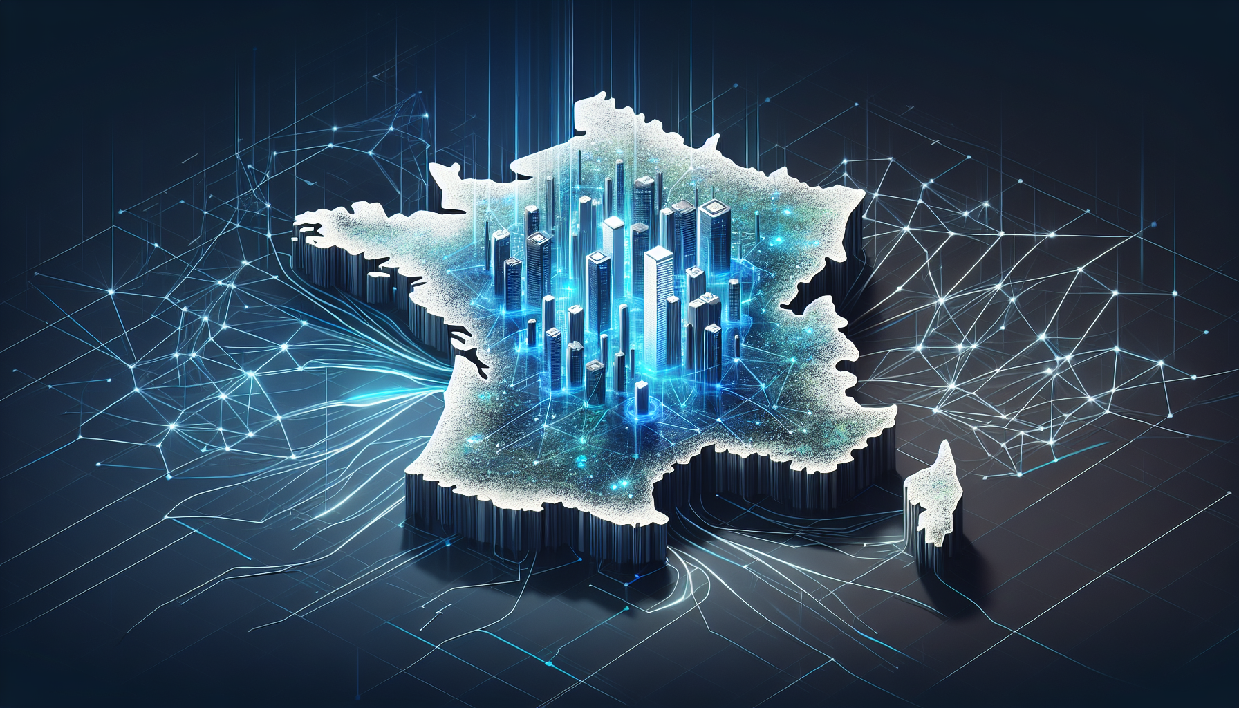 Carte de France avec data centers IA et flux d'investissements 109 milliards euros 2026